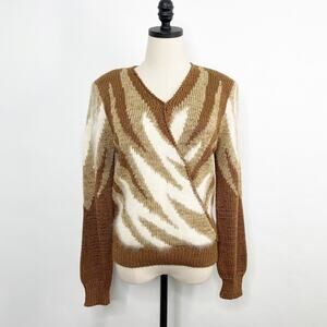 Vintage Christine Geometric Design Sweater Brown Cream Angora 80s Work Size S